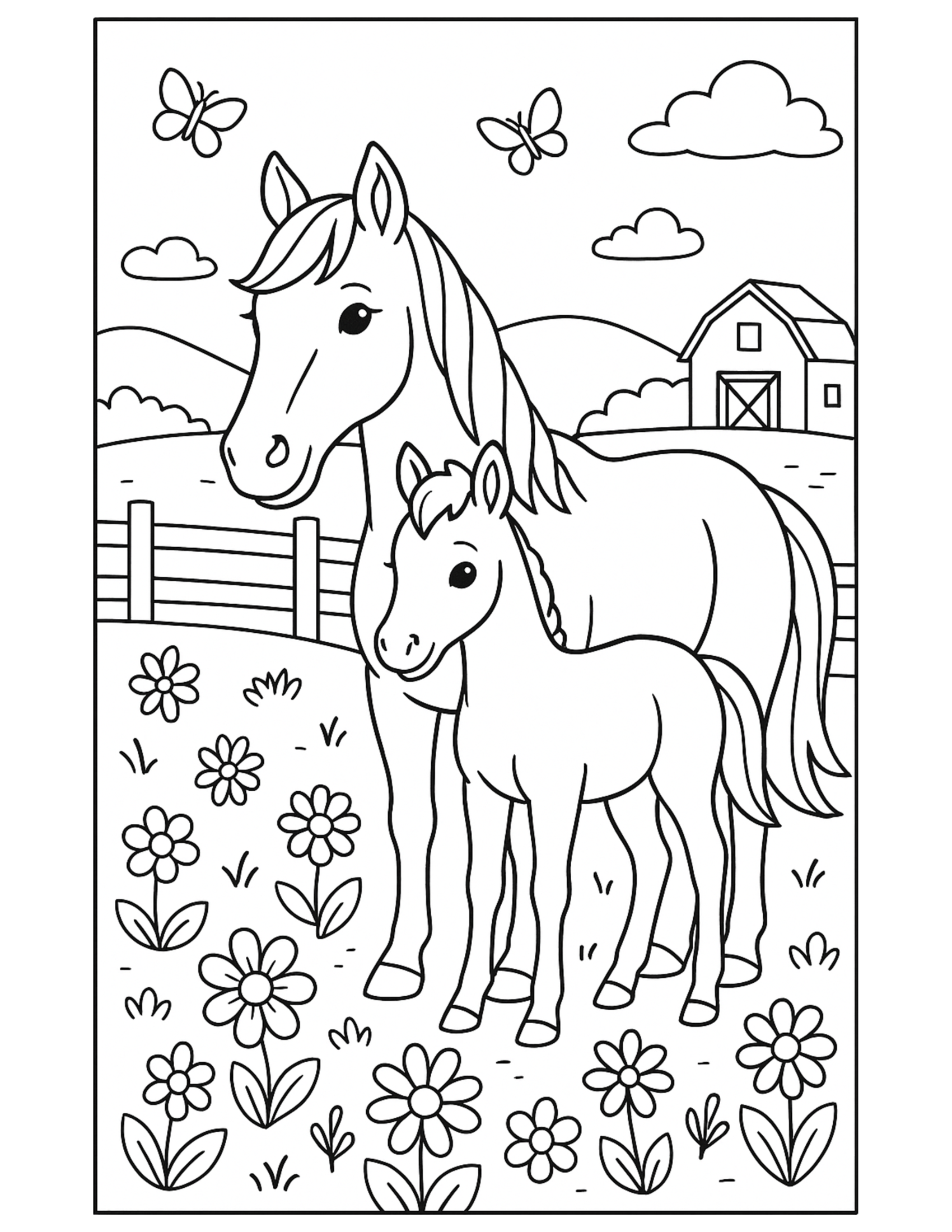 Horse and Foal Meadow Coloring Page - Free Printable | All Coloring Stuff