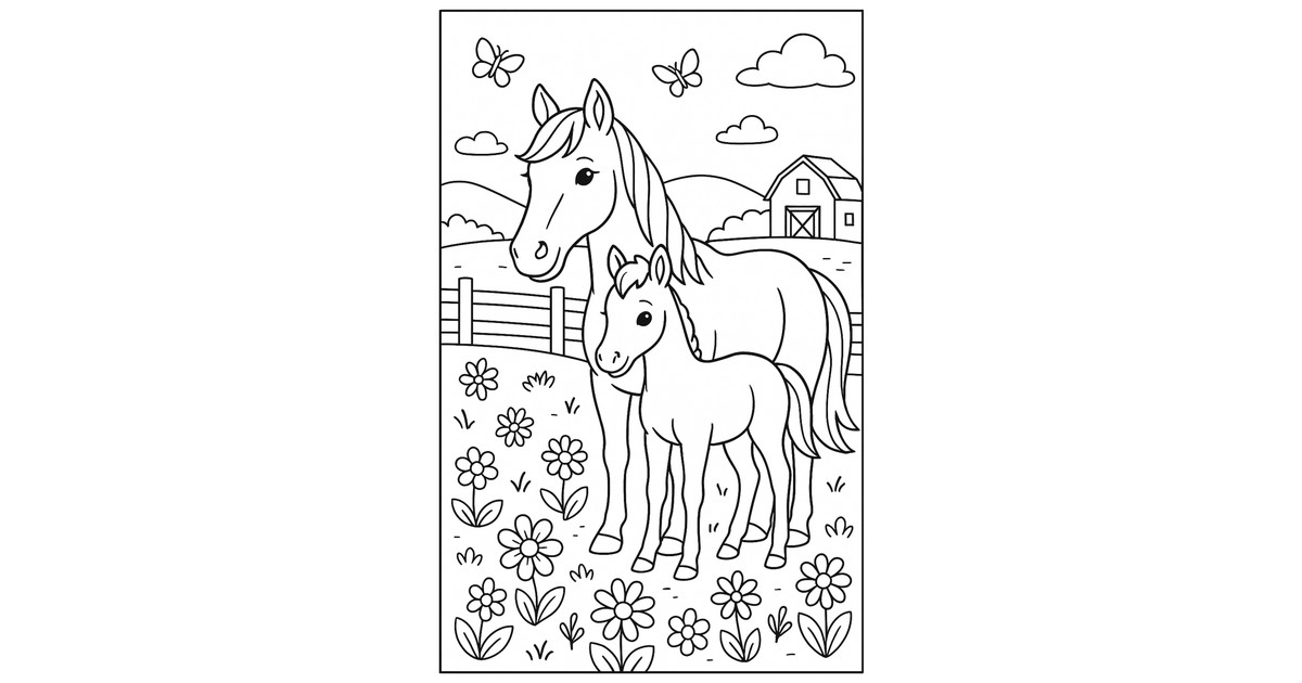 Horse and Foal Meadow Coloring Page - Free Printable | All Coloring Stuff